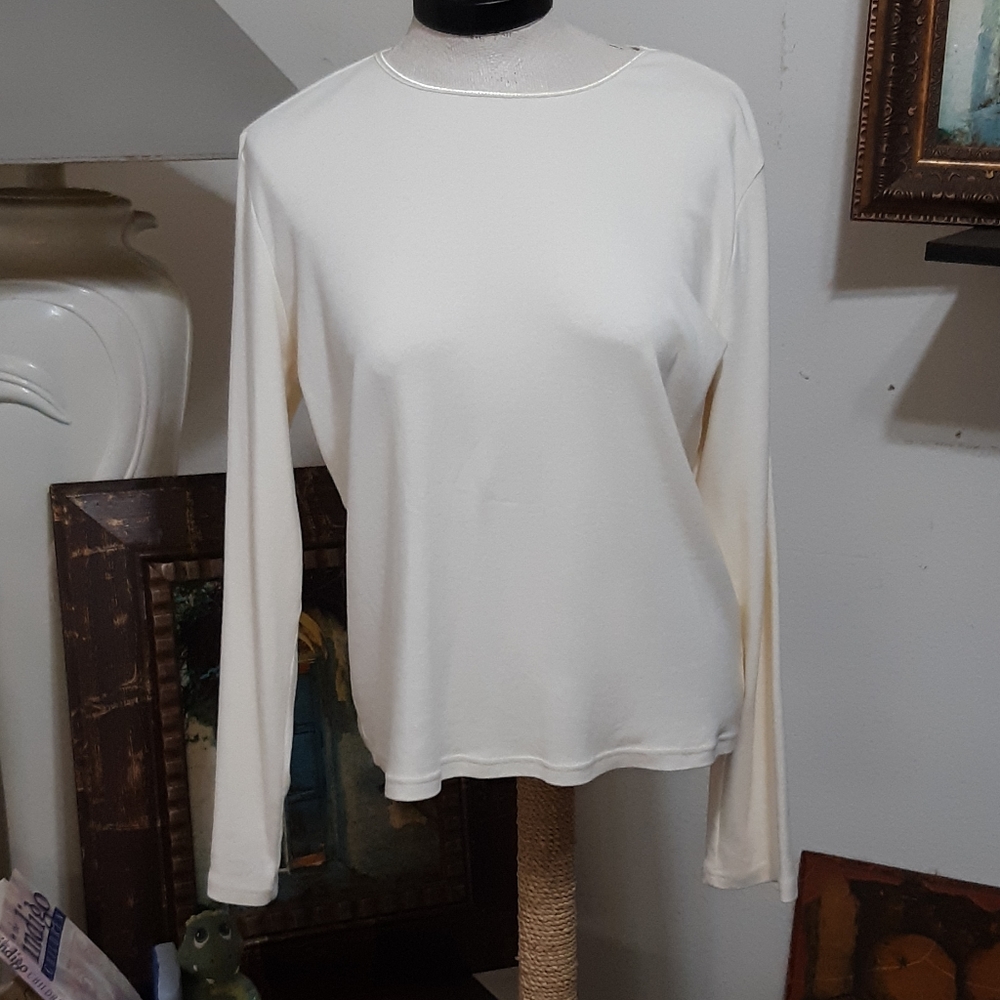 Womens Off White Cotton Shirt long sleeve crewneck Christopher Banks sz L Stretc